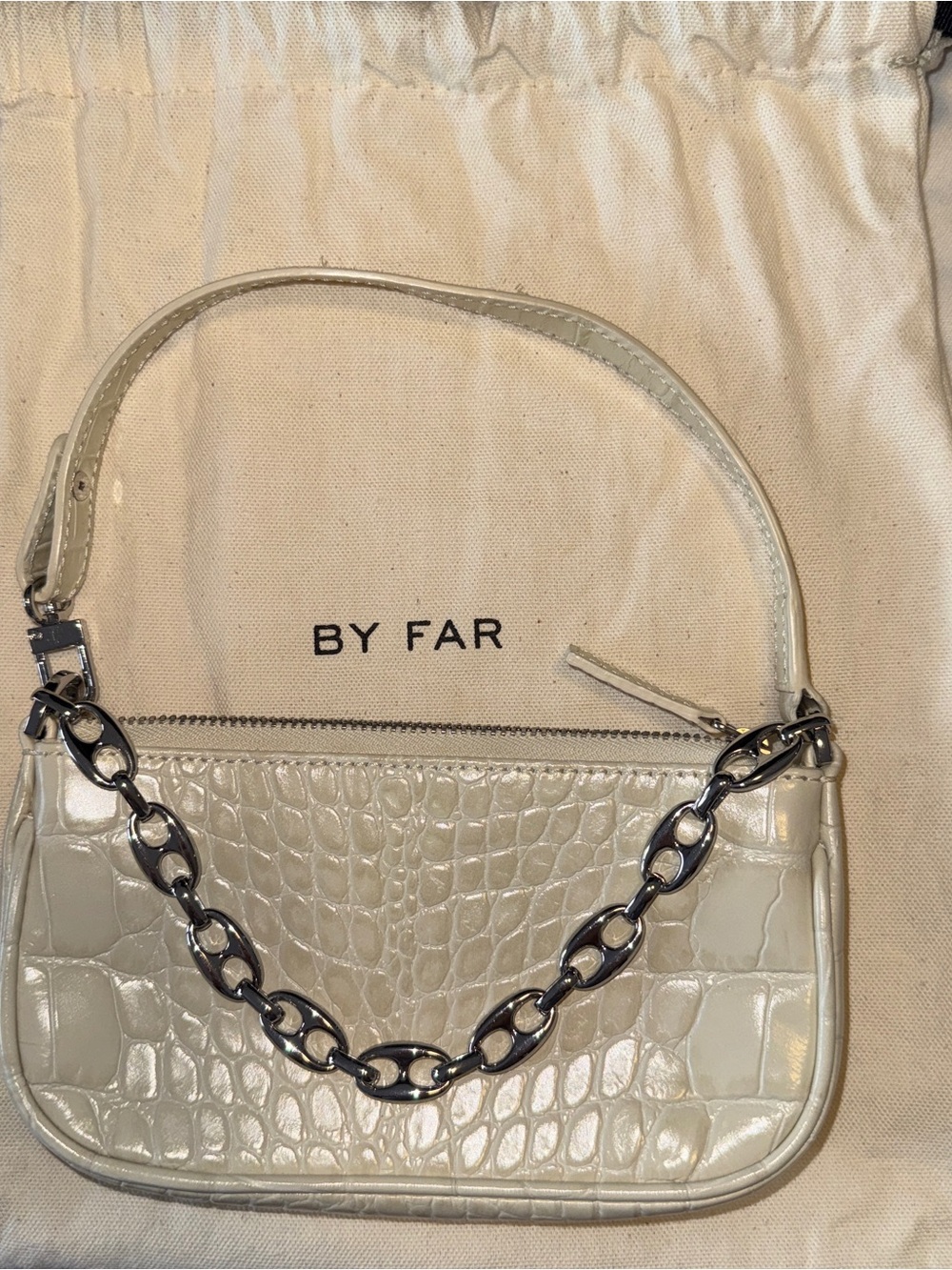 BY FAR Cream Croc-Embossed Mini Shoulder Bag with Chain